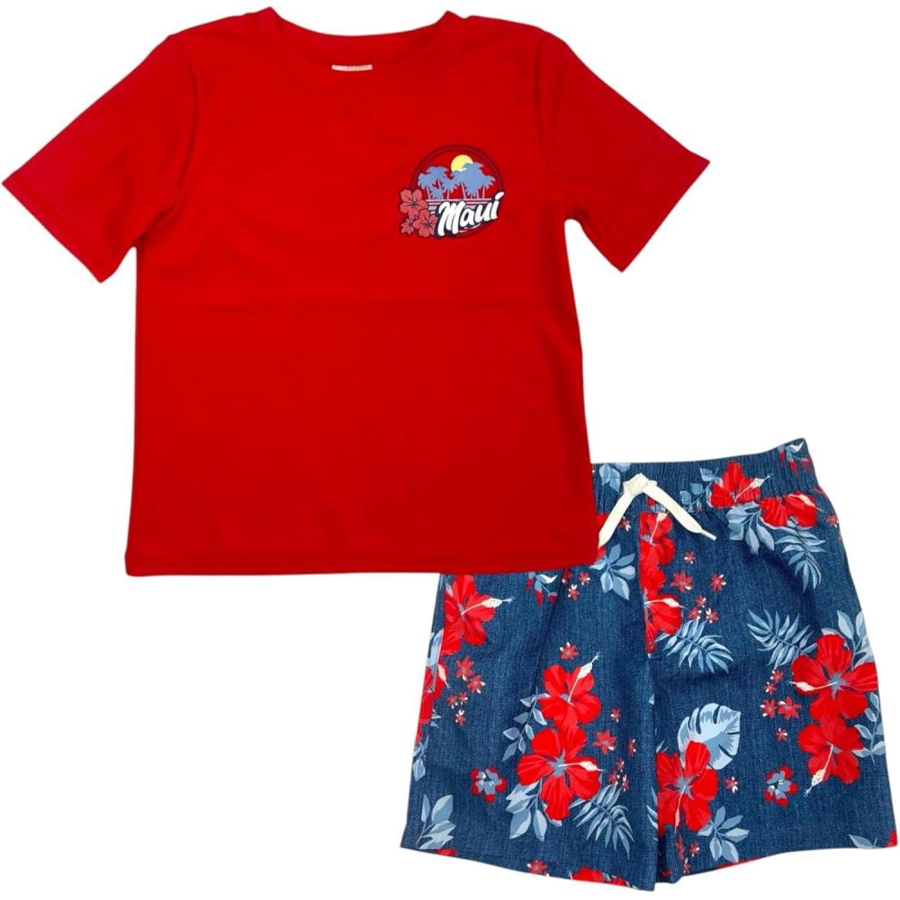 imageOSHKOSH BGOSH Toddlers and Baby Boys Swimsuit Trunk and Rashguard SetRed