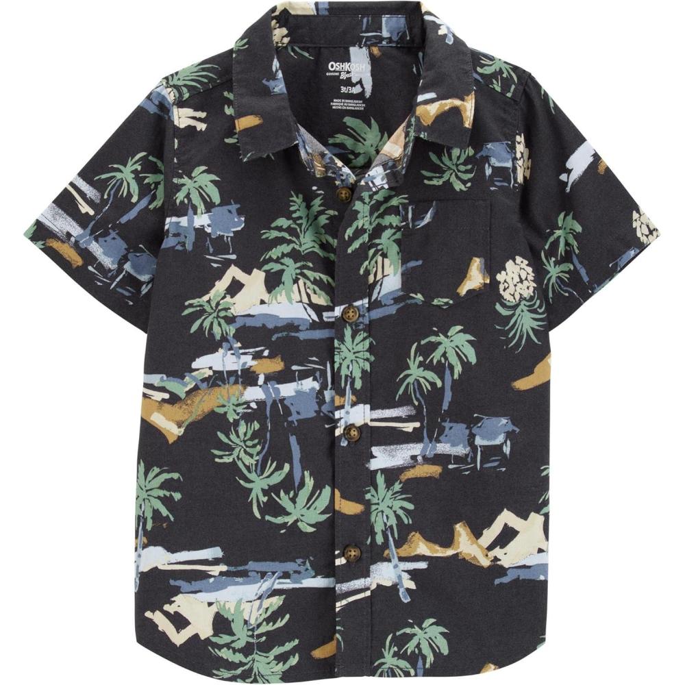imageOshKosh Boy Short Sleeve Woven Buttonfront Shirt Charcoal Scenic Print Toddler 3T