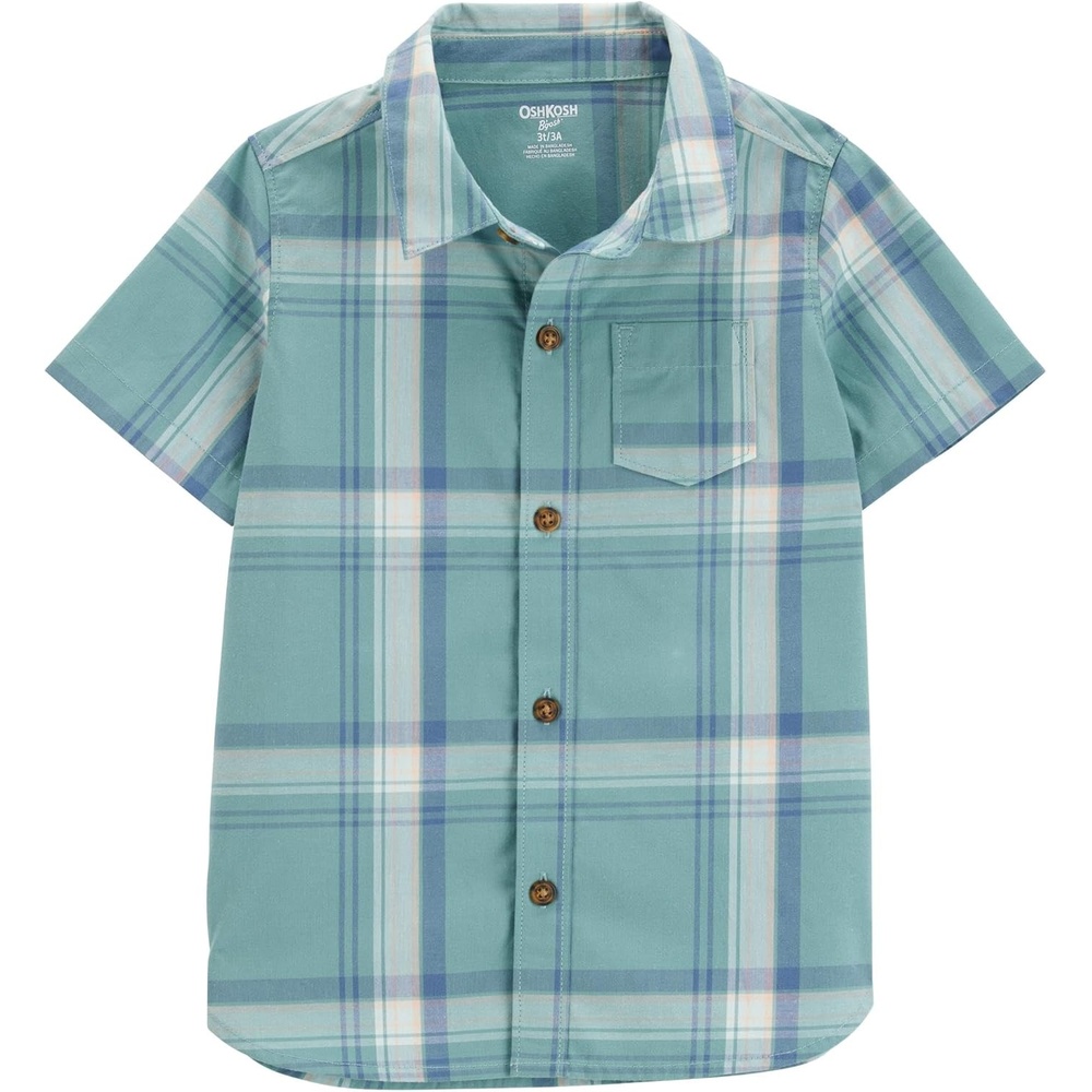 image:imageOshKosh BGosh Boys Short Sleeve Woven Buttonfront ShirtBlue and Green Plaid Toddler