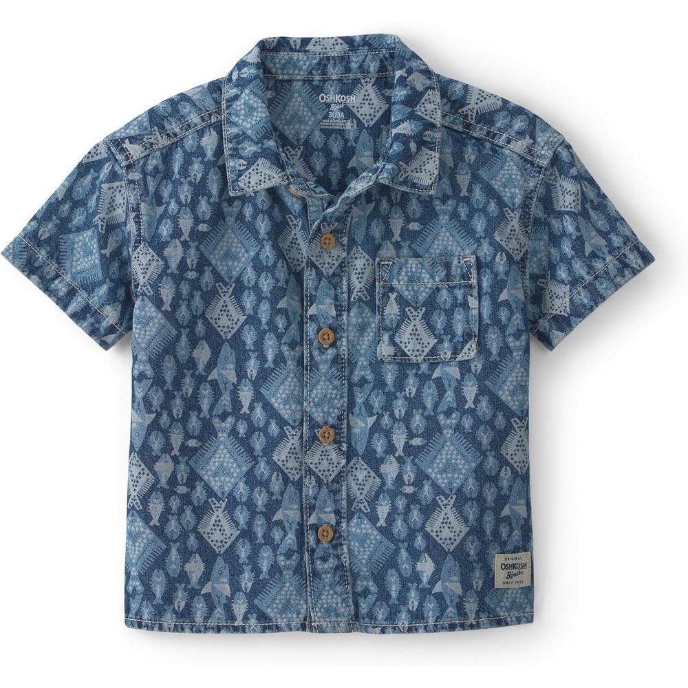 image:imageOshKosh BGosh Boys Short Sleeve Woven Buttonfront ShirtBlue Fish Print Shirt