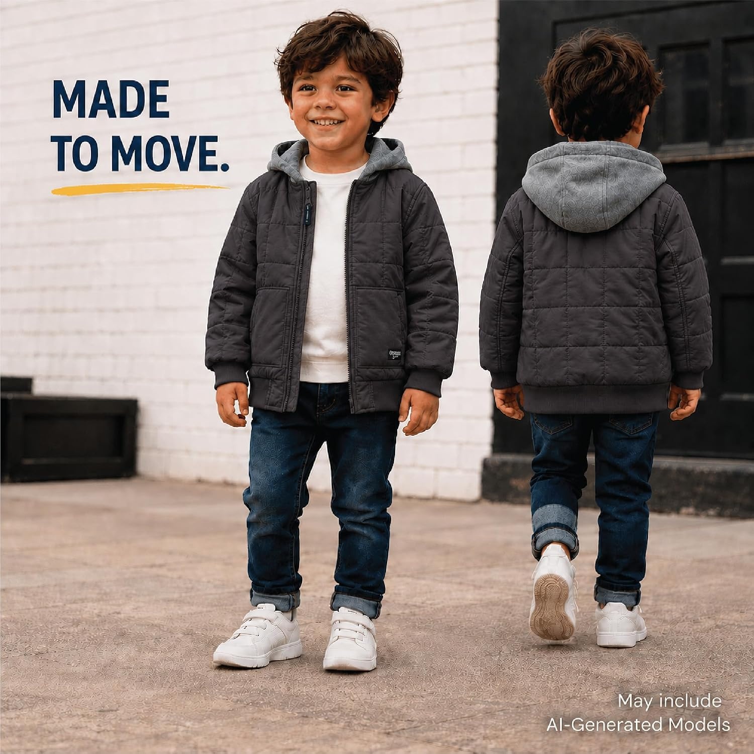 image:imageOSHKOSH BGOSH Boys Quilted Midweight Full Zip Jacket with Sweatshirt HoodGrey
