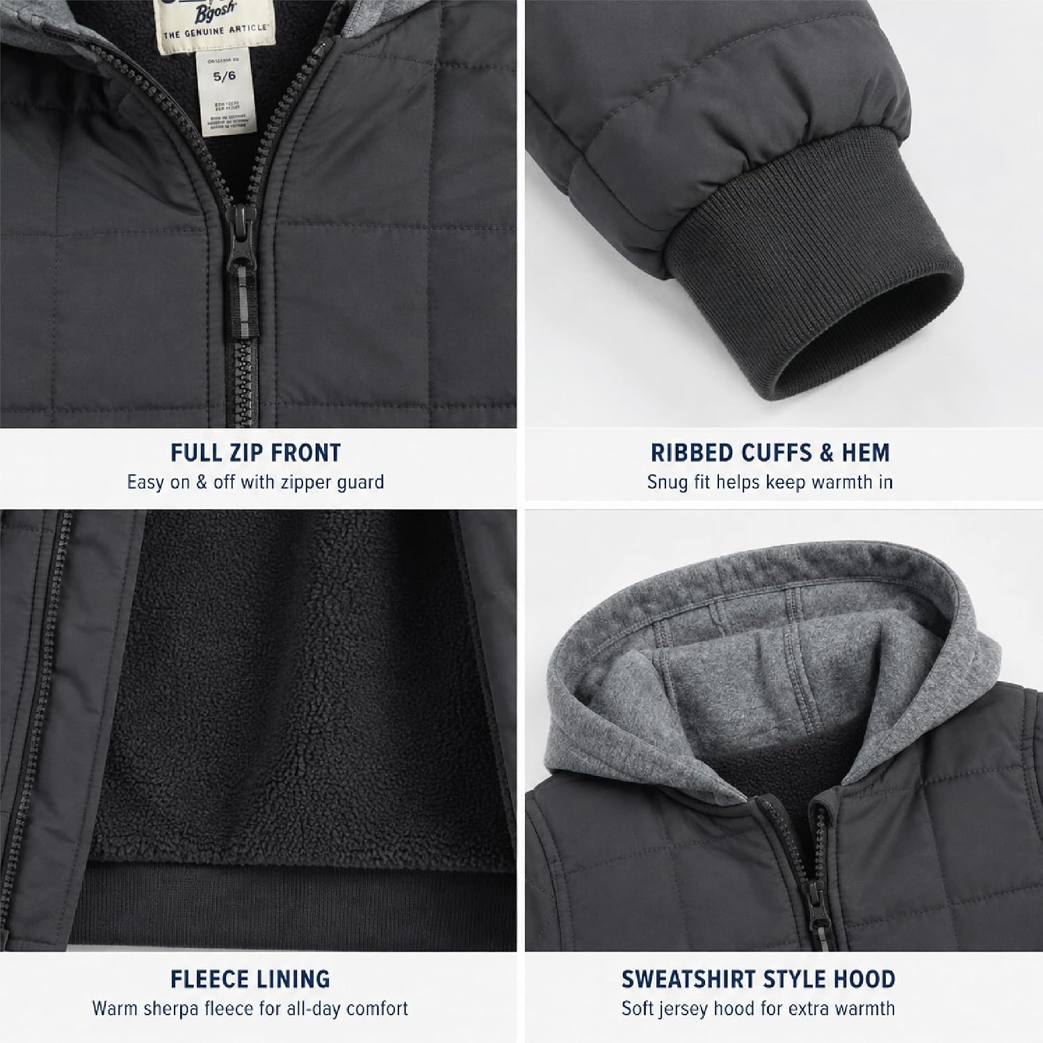 image:imageOSHKOSH BGOSH Boys Quilted Midweight Full Zip Jacket with Sweatshirt HoodGrey