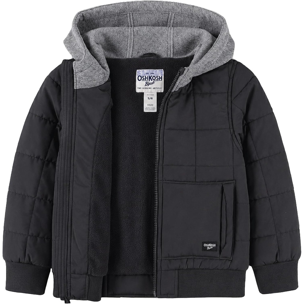 image:imageOSHKOSH BGOSH Boys Quilted Midweight Full Zip Jacket with Sweatshirt HoodGrey