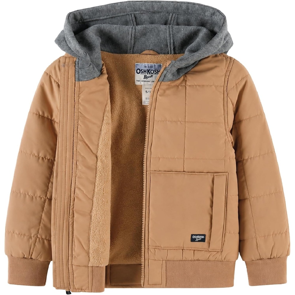 image:imageOSHKOSH BGOSH Boys Quilted Midweight Full Zip Jacket with Sweatshirt HoodTan
