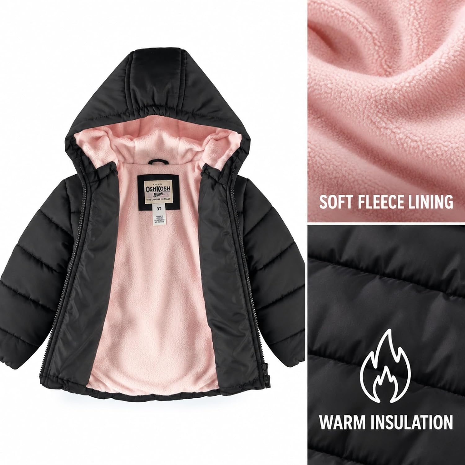 image:imageOshKosh Bgosh Girls Puffer Jacket Heavyweight Insulated Hooded Winter CoatBlack