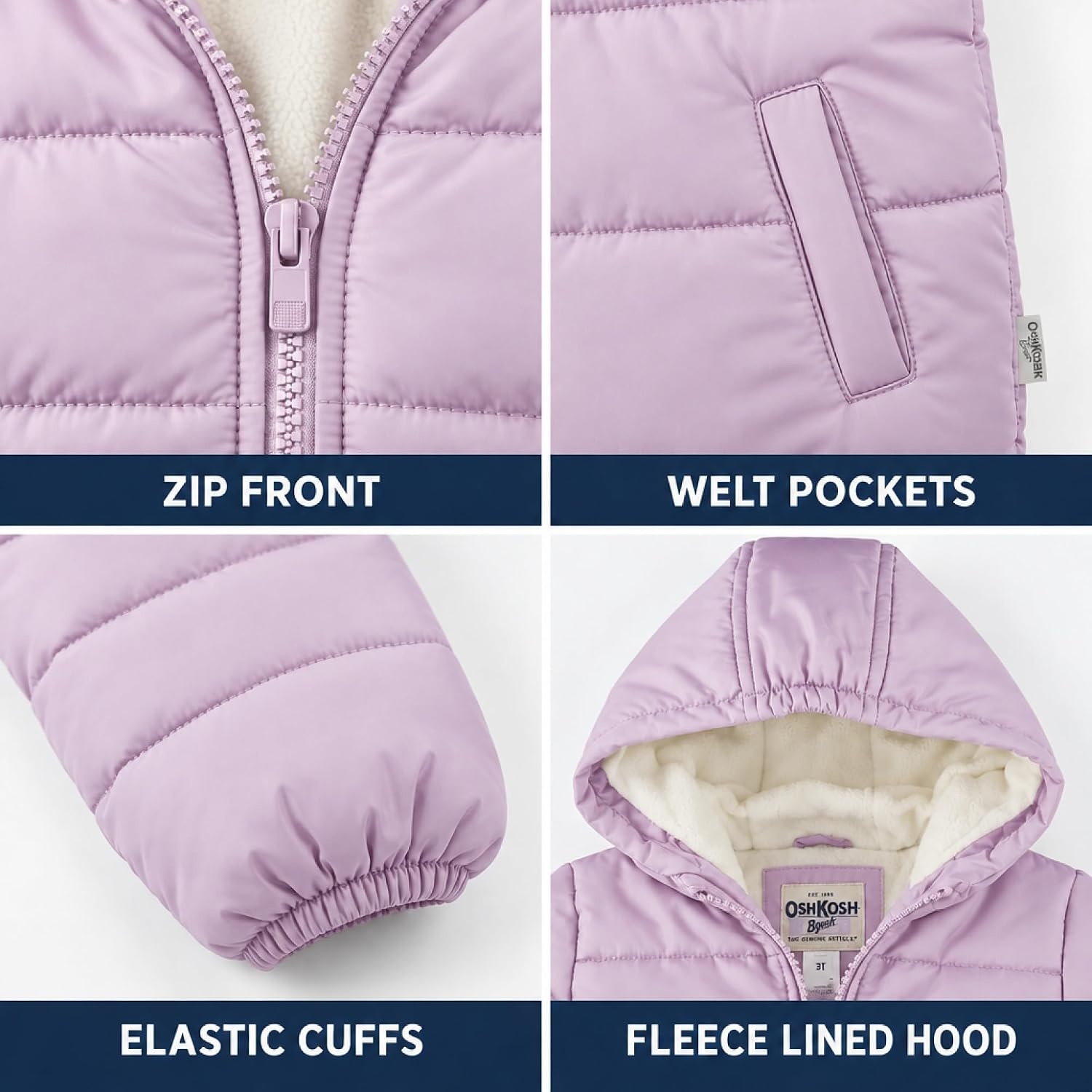 image:imageOshKosh Bgosh Girls Puffer Jacket Heavyweight Insulated Hooded Winter CoatLilac