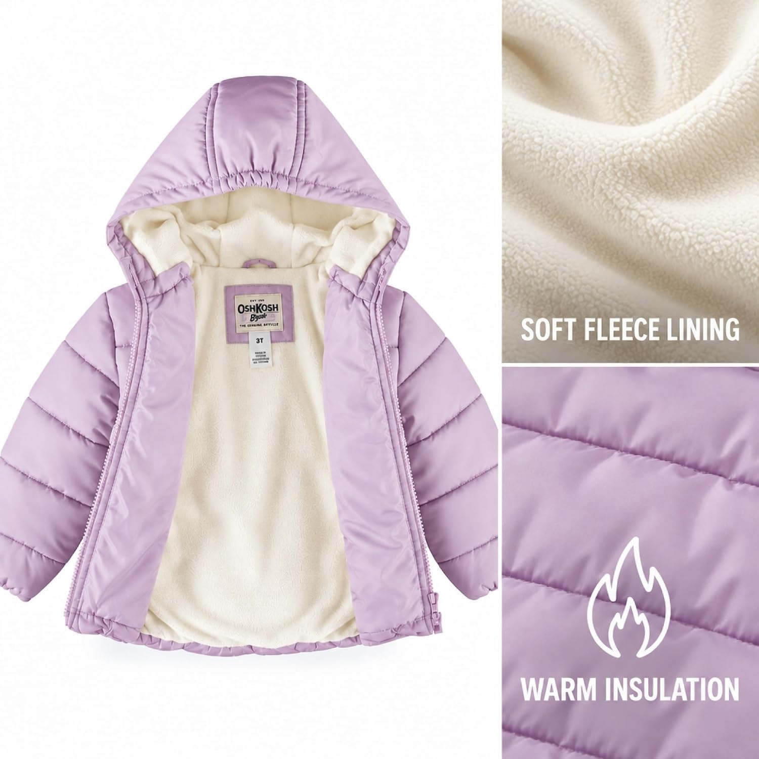 image:imageOshKosh Bgosh Girls Puffer Jacket Heavyweight Insulated Hooded Winter CoatLilac