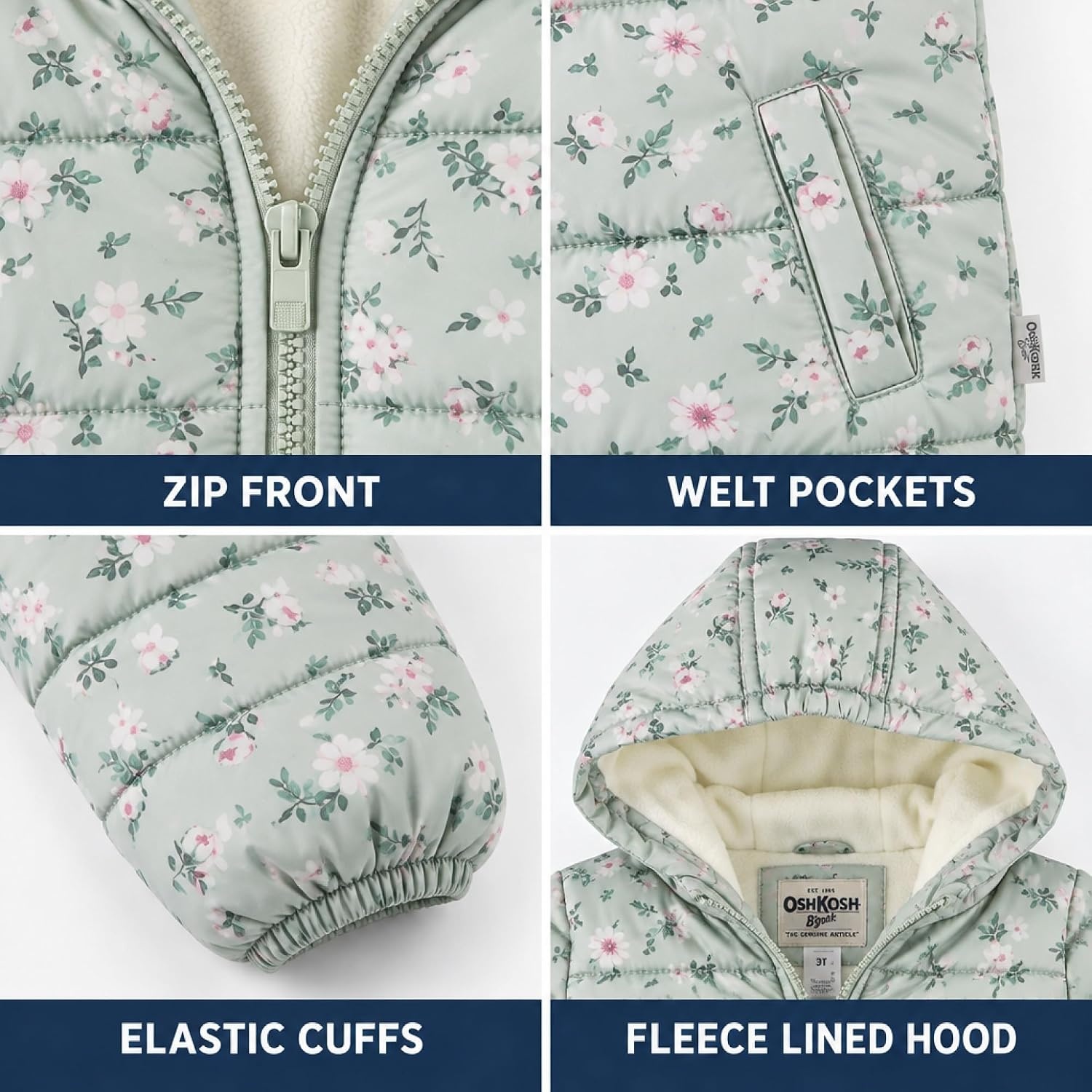 image:imageOshKosh Bgosh Girls Puffer Jacket Heavyweight Insulated Hooded Winter CoatMint