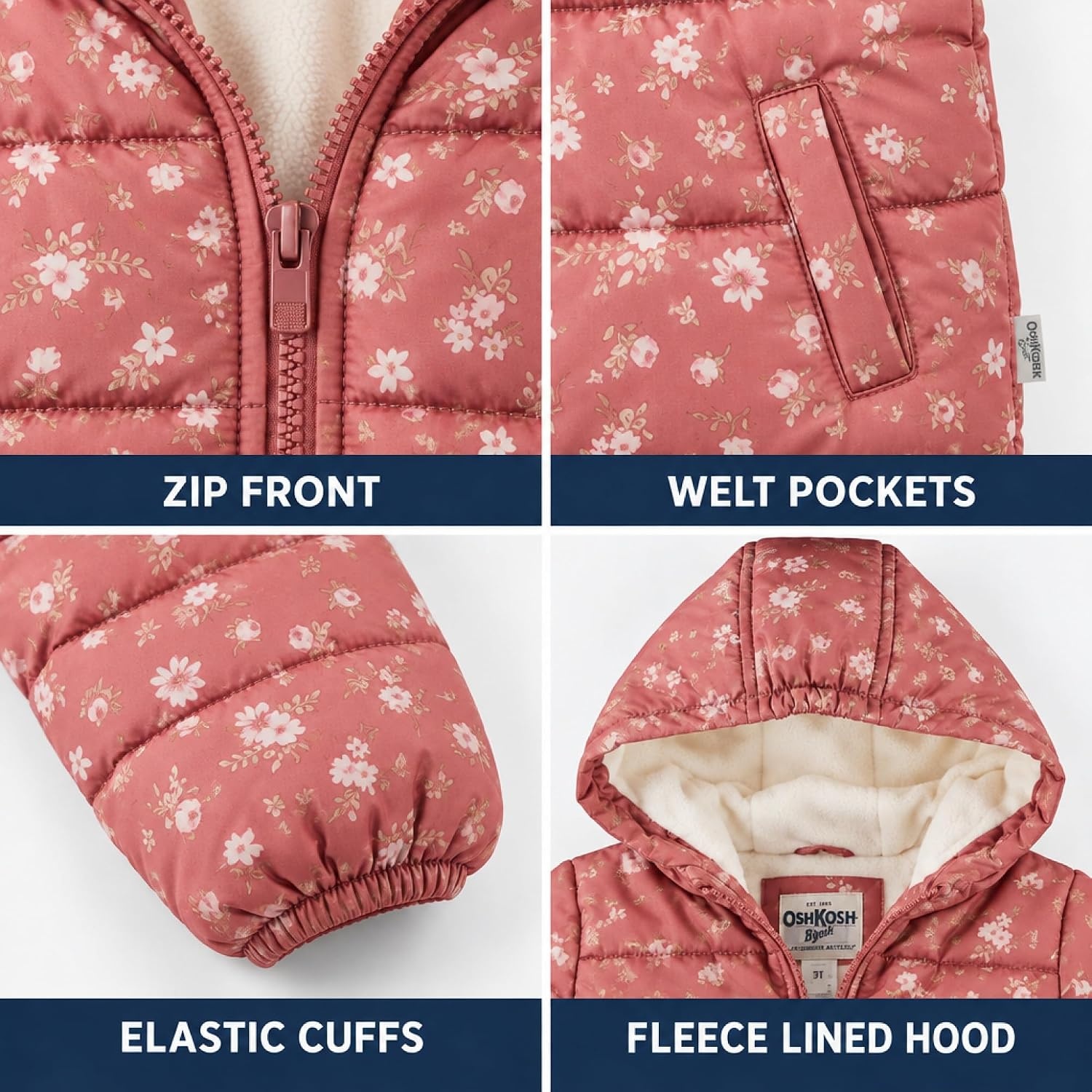 image:imageOshKosh Bgosh Girls Puffer Jacket Heavyweight Insulated Hooded Winter CoatRose